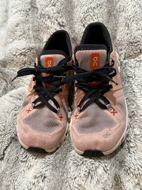 On Running Women's Peach-Pink Athletic Sneakers with Black Accents